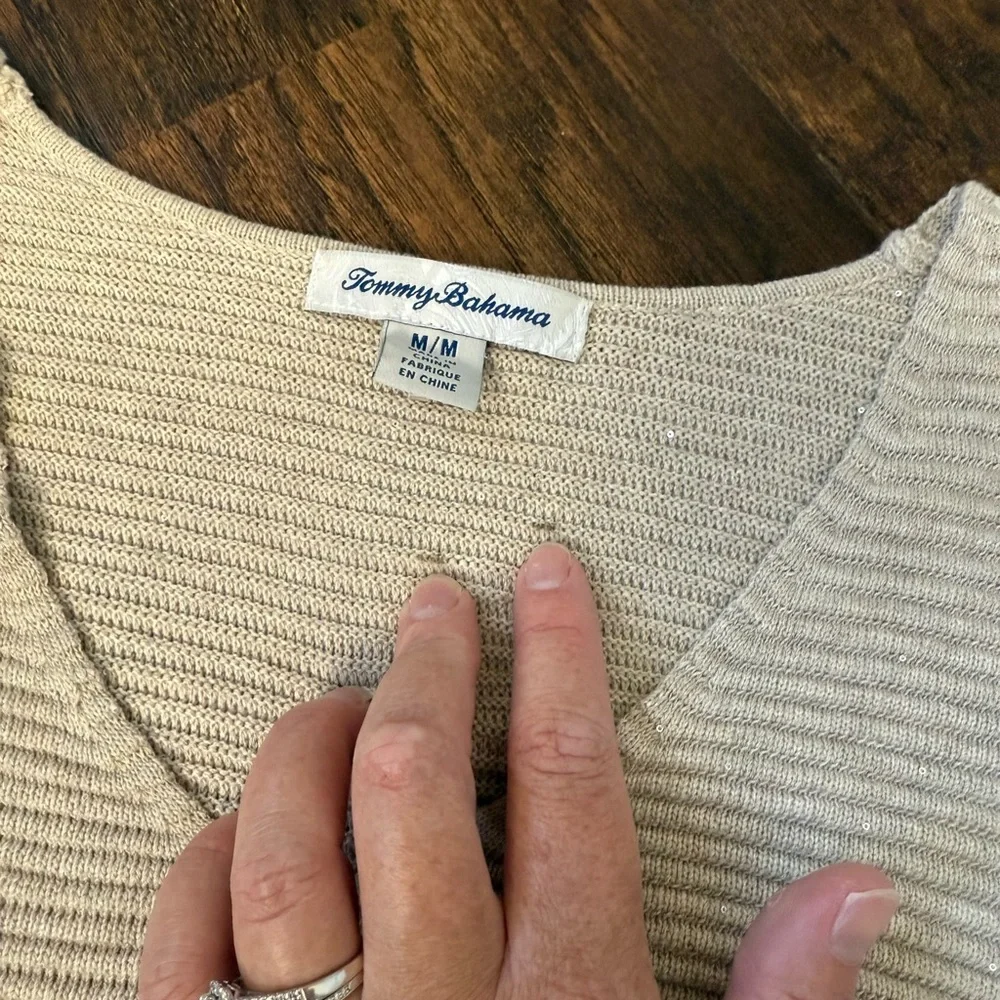 Tommy Bahama Bonita Sequined V Neck Sweater Women's Medium Beige Ribbed - Picture 8 of 13